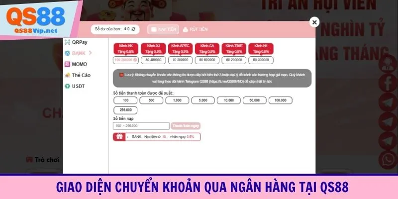 Giao diện chuyển khoản qua ngân hàng tại QS88